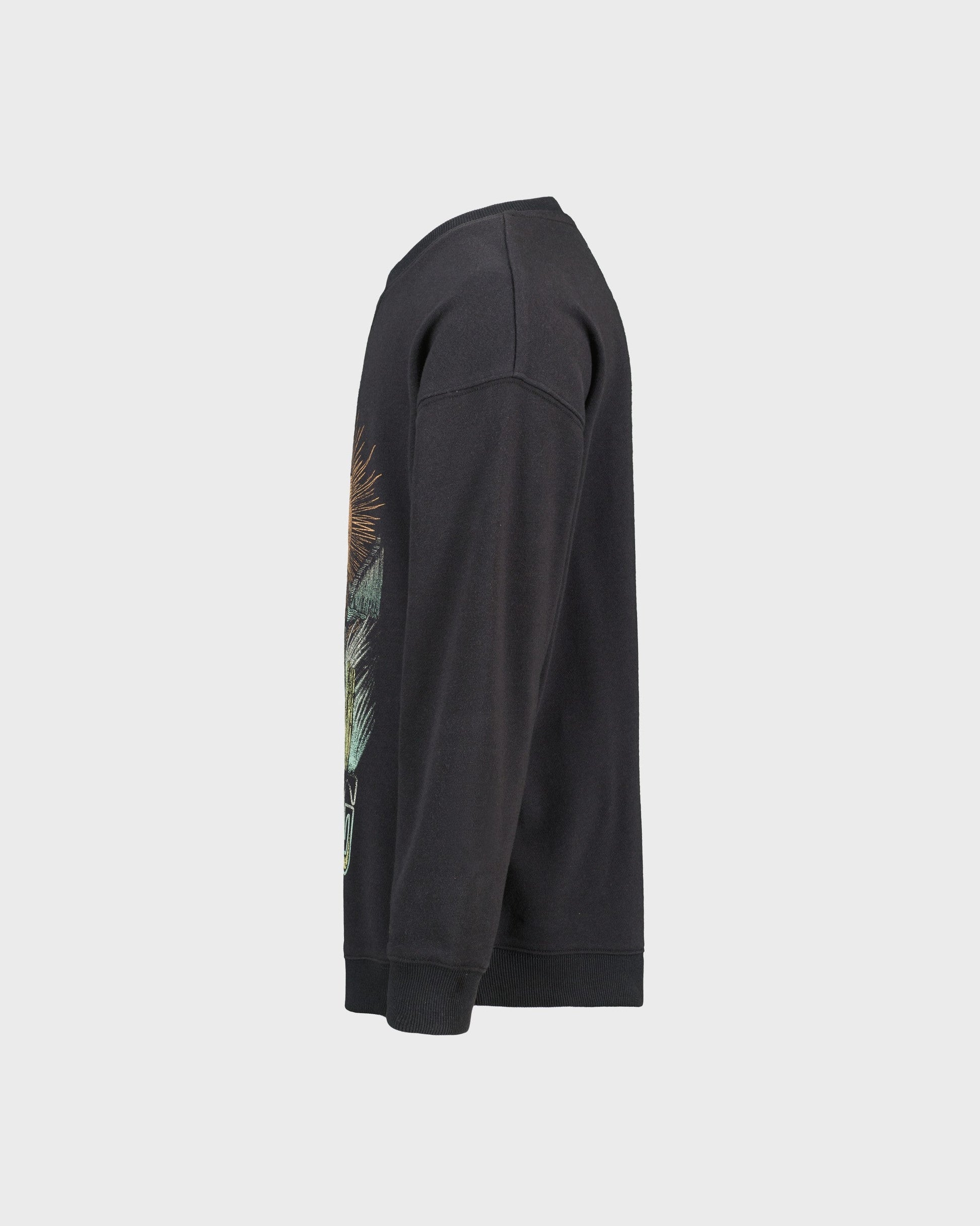 Black hoodie with a colorful graphic on the sleeve against a light gray background
