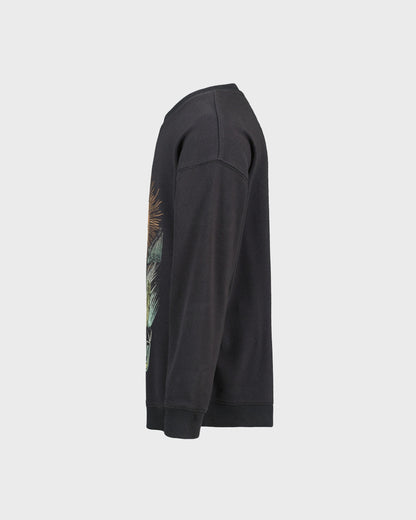 Black hoodie with a colorful graphic on the sleeve against a light gray background