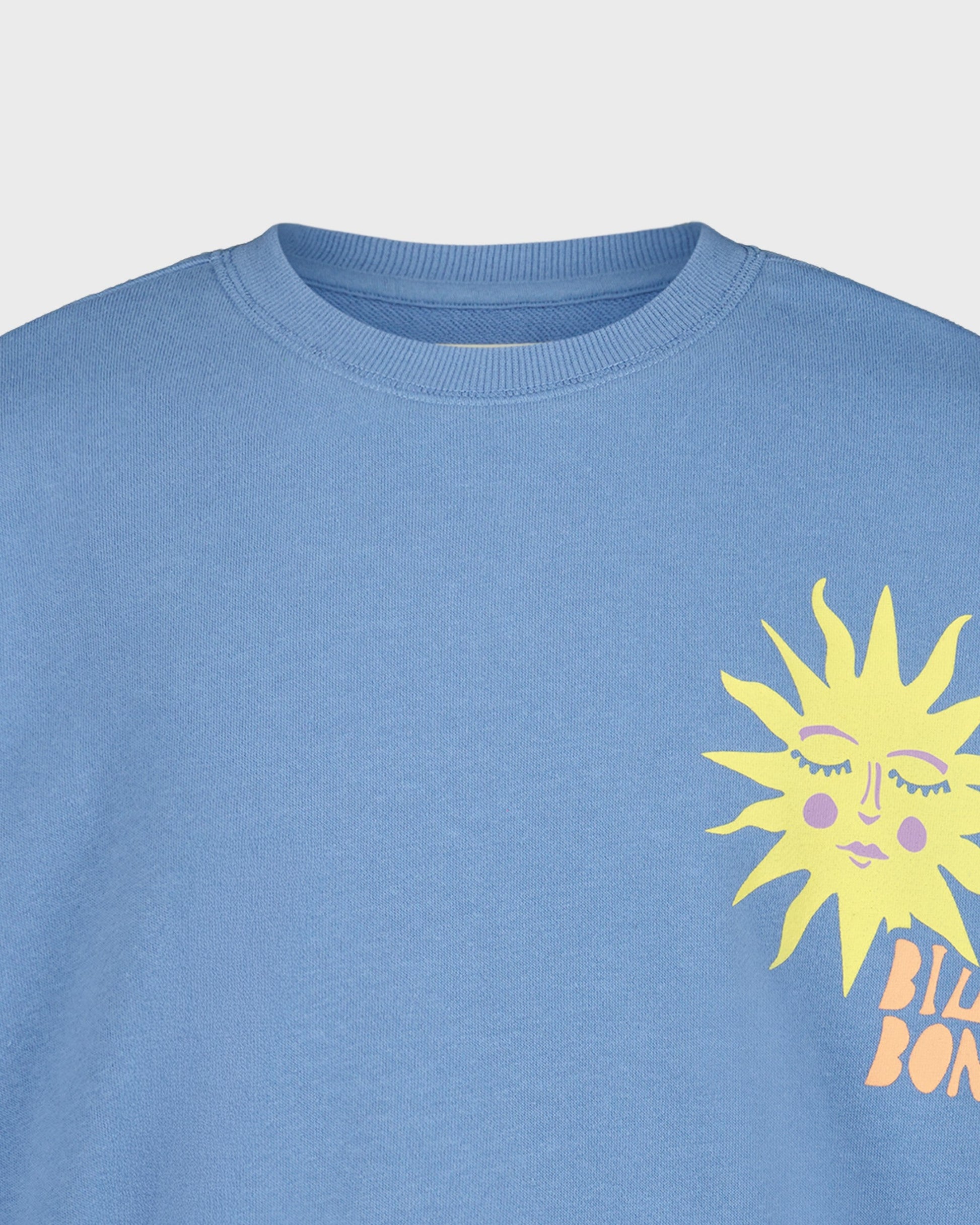 Blue sweatshirt with a yellow sun graphic and 'Billionaire Boys Club' text on a light gray background