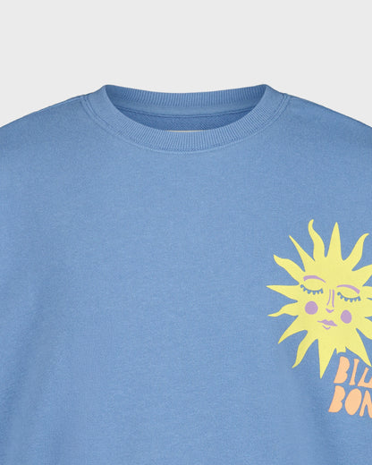 Blue sweatshirt with a yellow sun graphic and 'Billionaire Boys Club' text on a light gray background