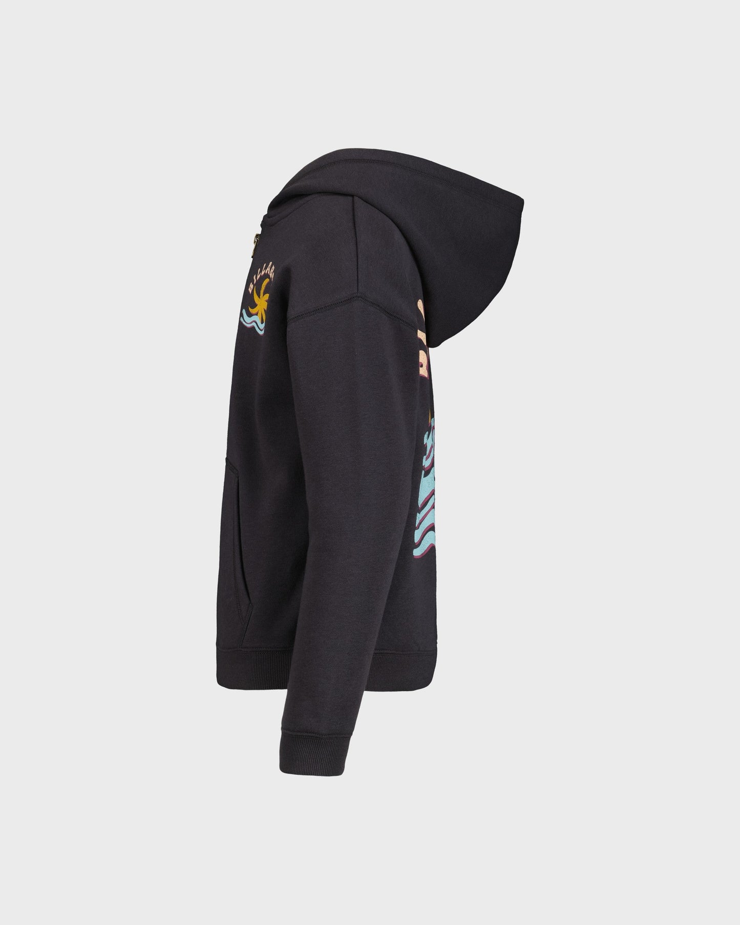 Black hoodie with colorful designs on the sleeves against a white background