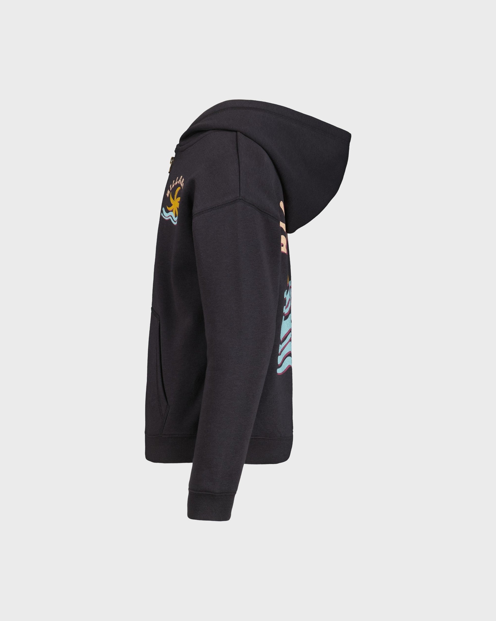 Black hoodie with colorful designs on the sleeves against a white background
