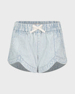 Light blue and white striped shorts on a light gray background
