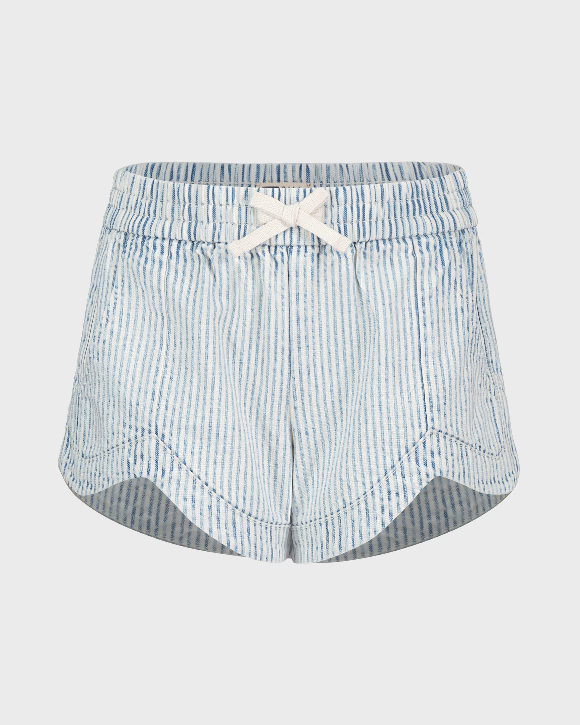 Light blue and white striped shorts on a light gray background
