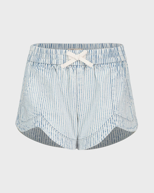 Light blue and white striped shorts on a light gray background