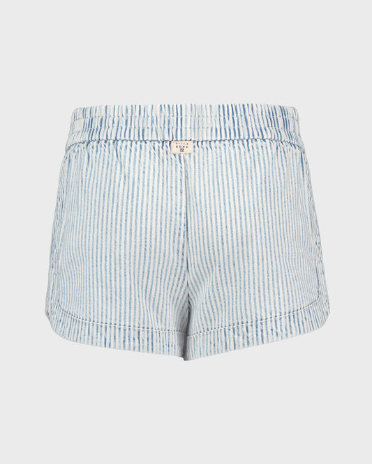Blue and white striped shorts on a light gray background