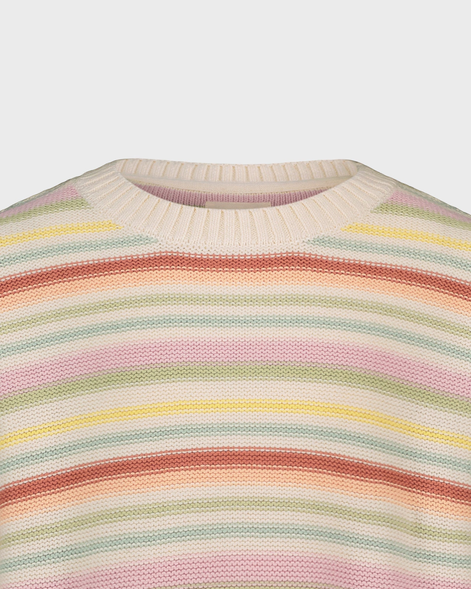 Close-up of a colorful striped sweater with a neutral background