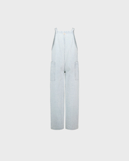 Light blue checkered jumpsuit on a white background