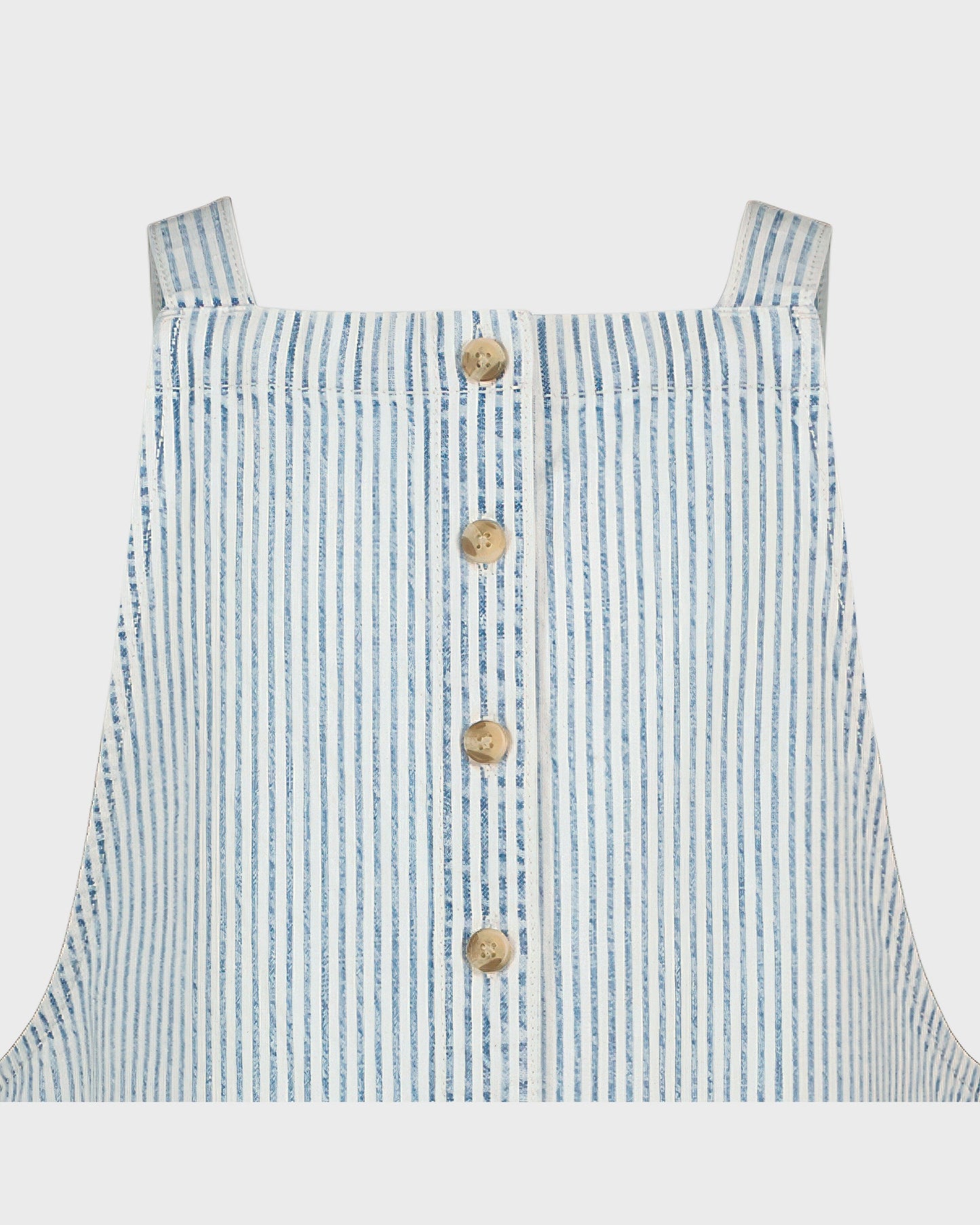 Blue and white striped apron with buttons on a light gray background