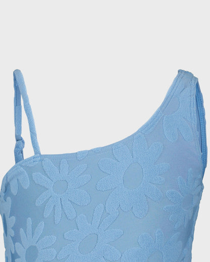 Blue floral-patterned dress on a light gray background